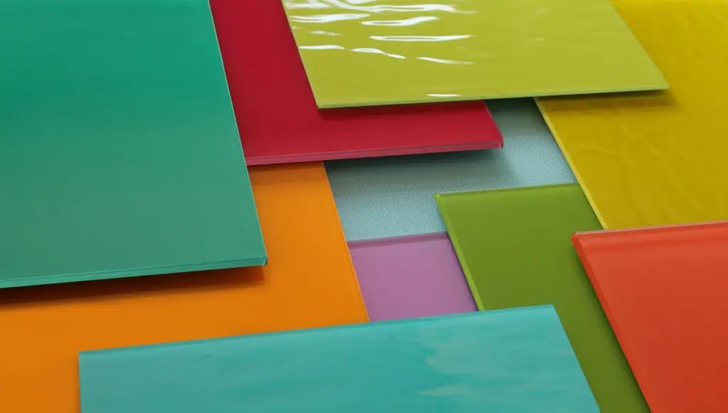 Back-painted colored glass panels in green, red, yellow and orange