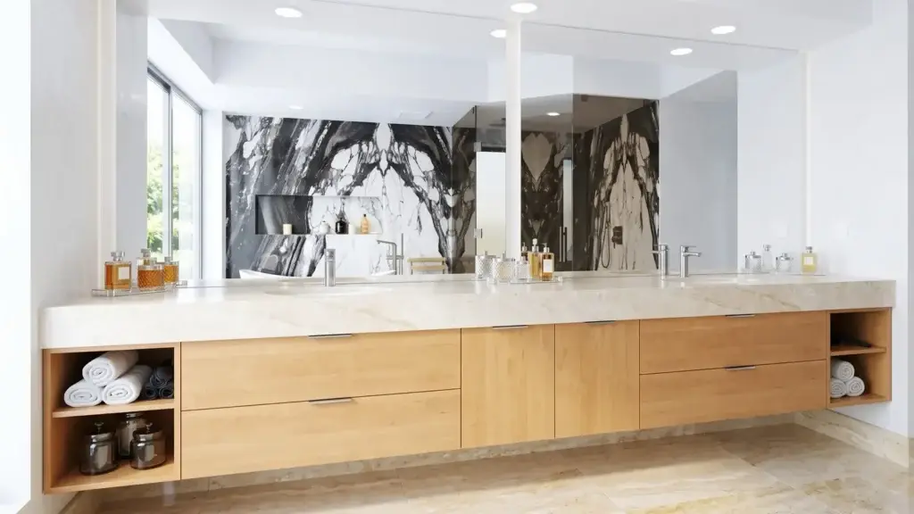 Custom frameless wall mirror above a double vanity