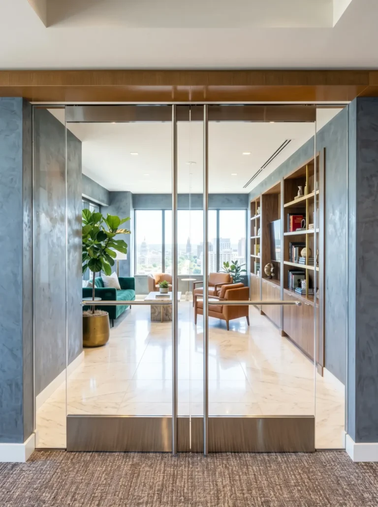 Pair of all-glass entrance doors with stainless top and bottom rails and ladder pulls