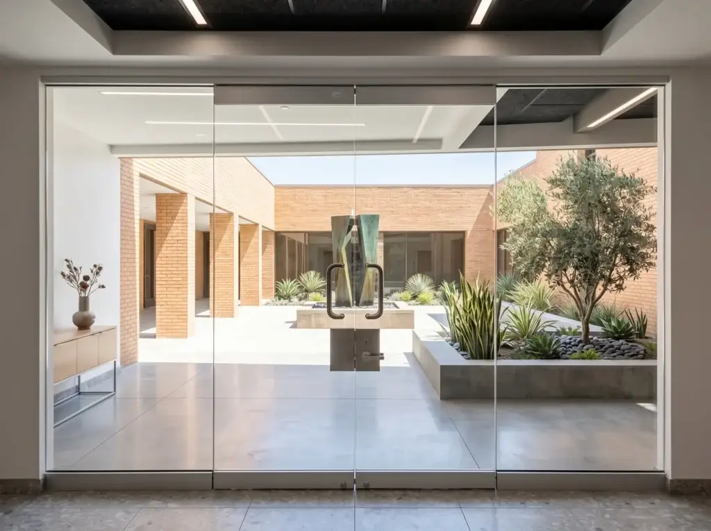 All-glass entrance doors with top and bottom rails and a center lock opening to a courtyard