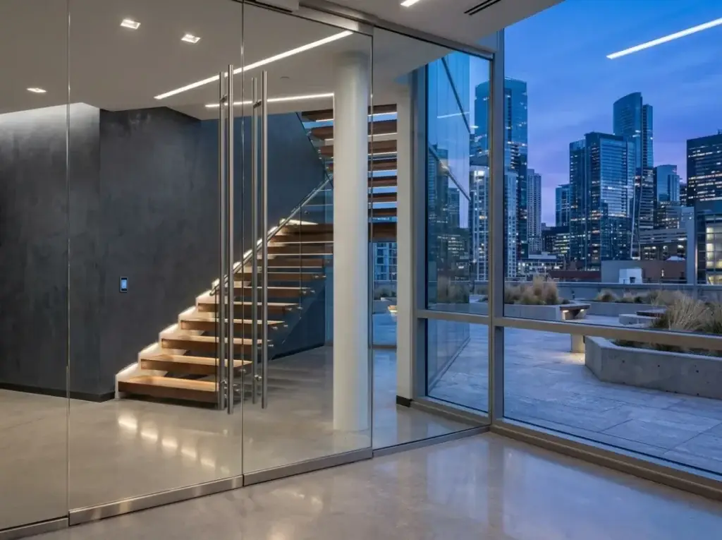 Frameless all glass entrance doors with stainless ladder pulls beside a floating staircase
