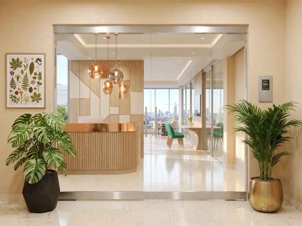 All-glass entrance doors with stainless rails at an office reception suite