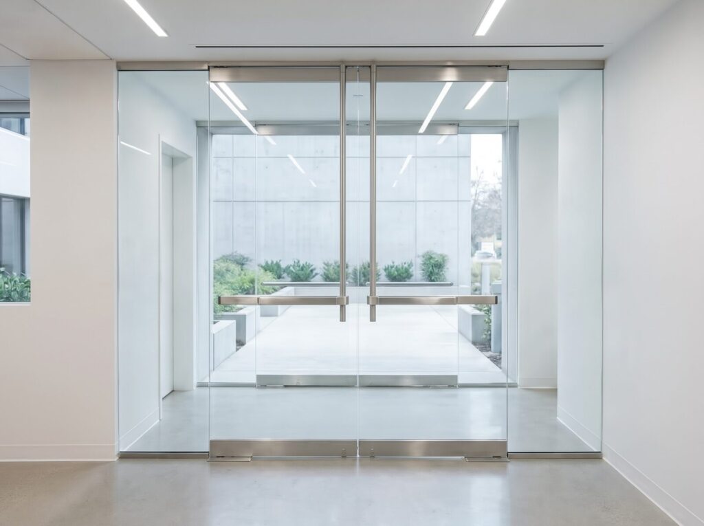 Pair of all glass entrance doors with stainless panic push bars, ladder pulls and top and bottom rails