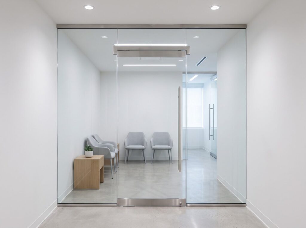 All glass entrance door with a stainless header and concealed overhead closer at an office waiting area