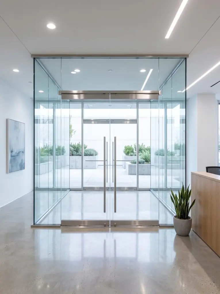 All glass vestibule with an inner pair of frameless glass doors, ladder pulls and a second set of glass entrance doors beyond