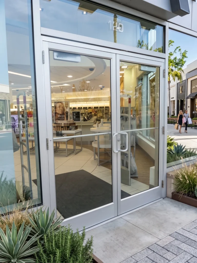 Clear anodized aluminum storefront doors with push-pull bars at a retail mall entrance