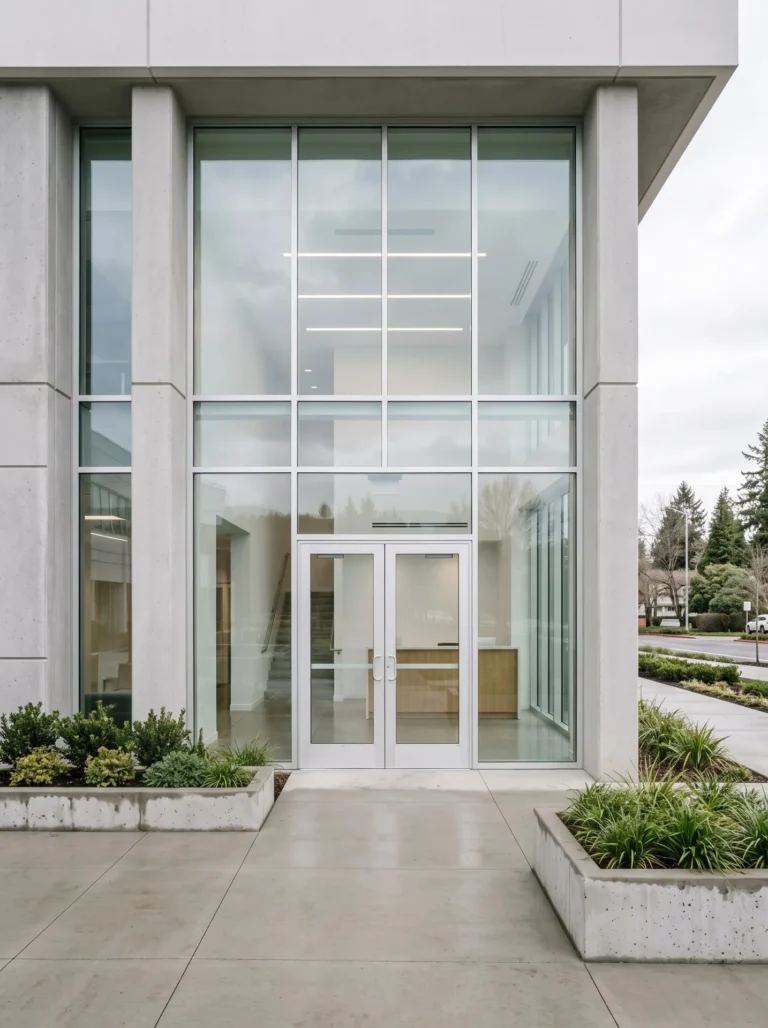 Two-story aluminum storefront entrance with full-height glass and double entrance doors