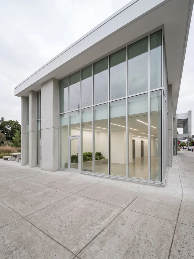 Two-story clear anodized aluminum storefront glazing on a new construction building