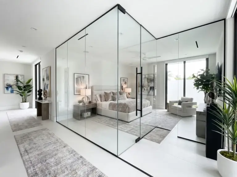 Glass walls with a thin black frame and a glass door enclosing a bedroom
