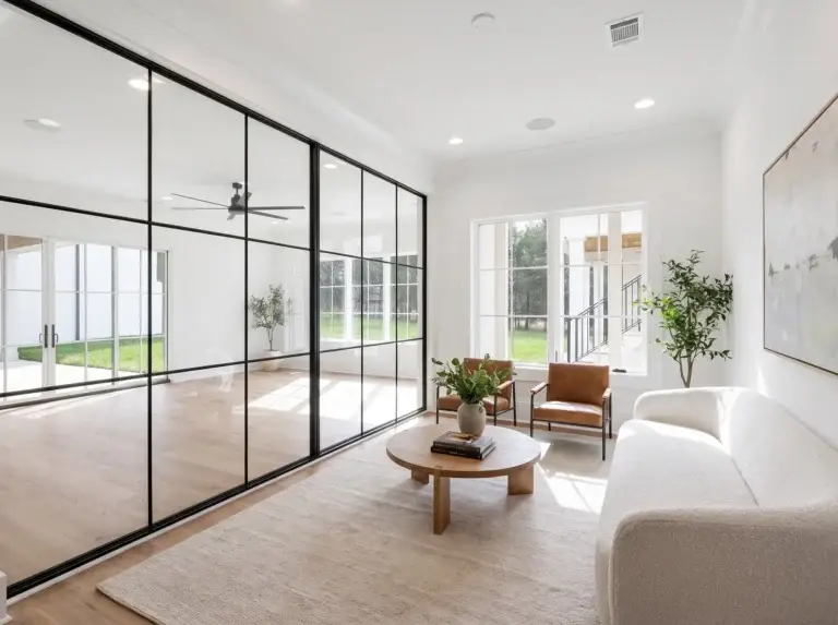 Black-framed glass wall dividing a bright sitting room from the next room