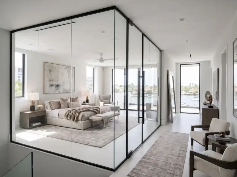 Black-framed glass walls and door enclosing a bright bedroom