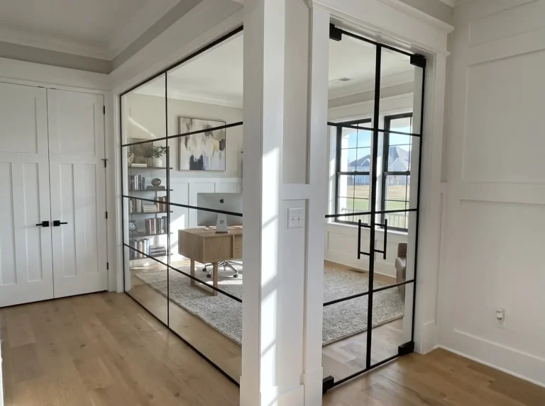 Black grid glass wall and double doors with ladder pulls enclosing a home office