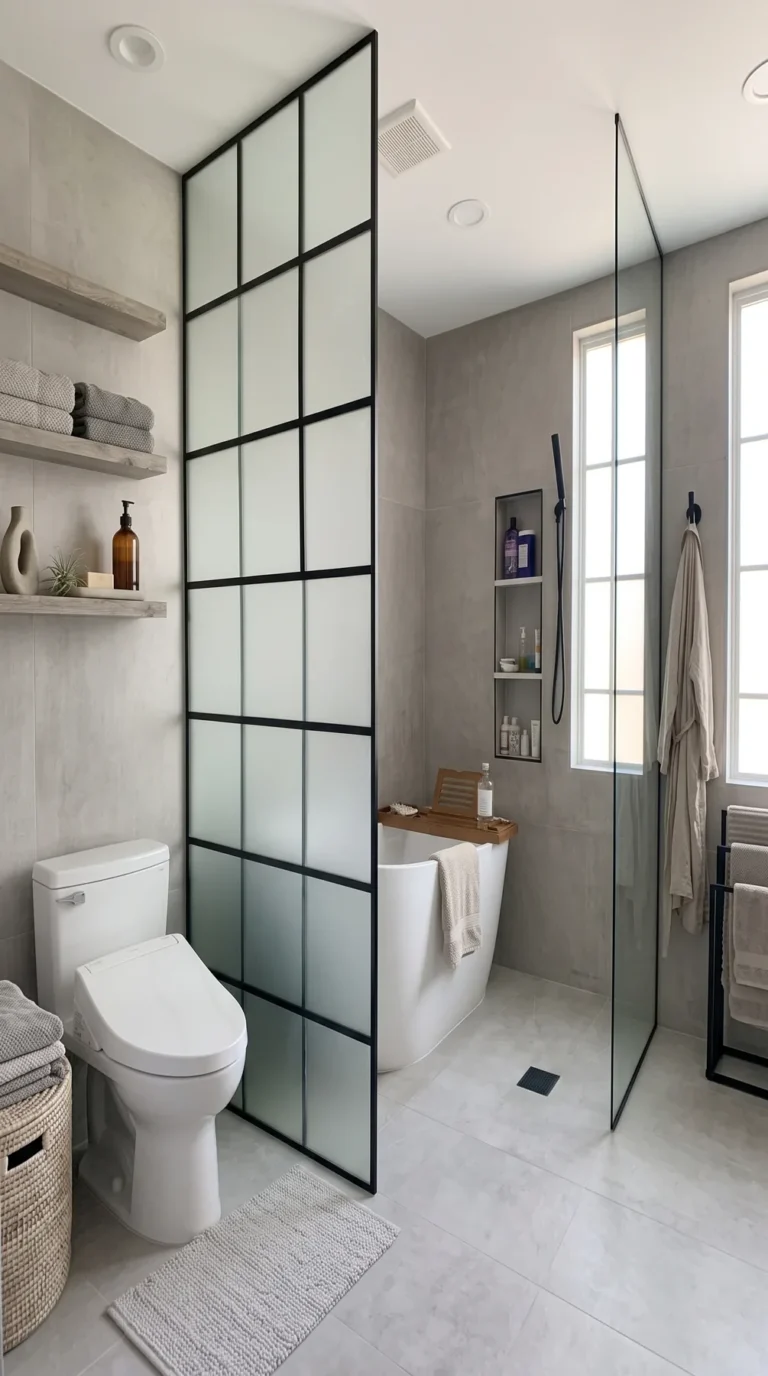 Frosted black grid glass partition and clear glass shower panel beside a freestanding tub
