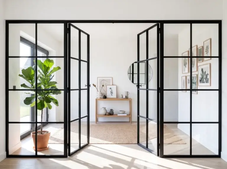 Black grid glass wall with open double doors leading to a bright sitting area