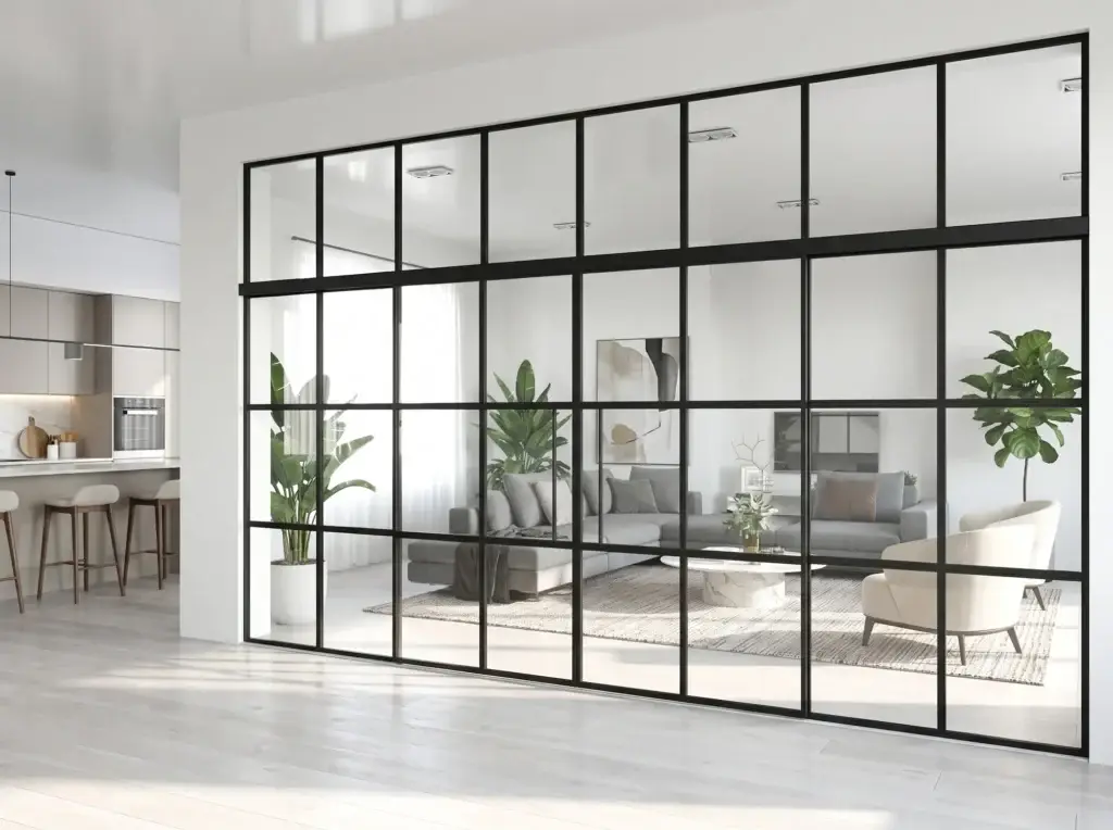 Black grid glass wall with a transom separating a living room from a kitchen
