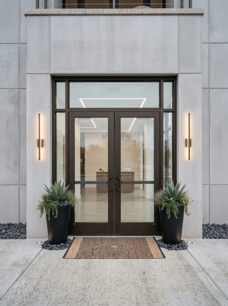 Bronze anodized aluminum entrance doors with transom and sidelites in a stone surround