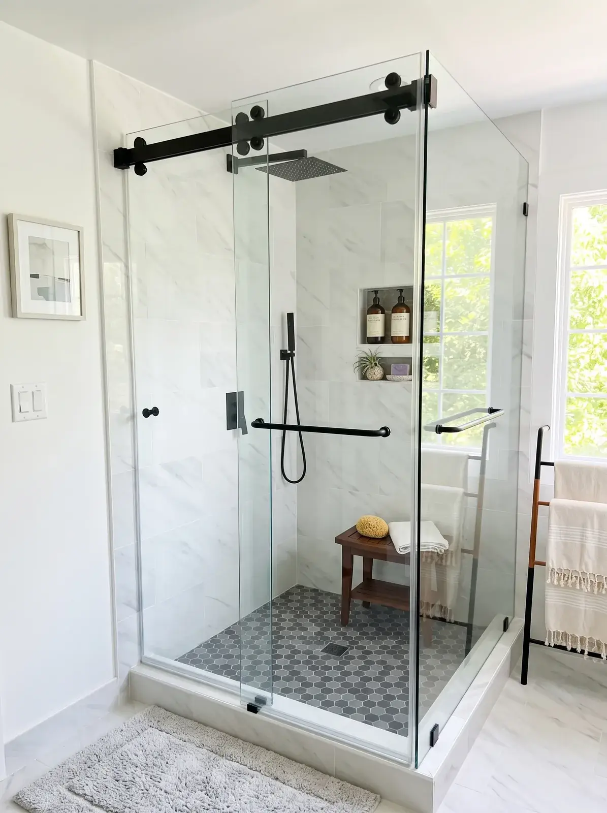 Cambridge bypass sliding shower door on a marble-tiled corner enclosure