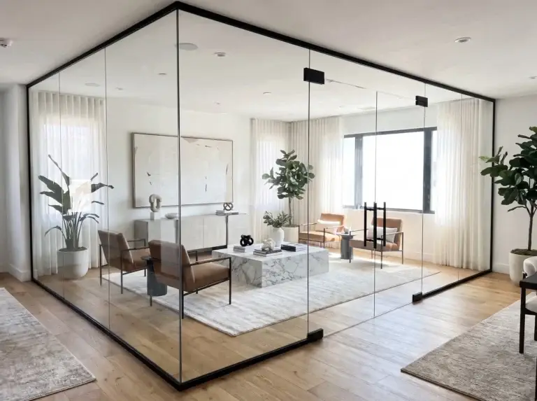 Corner glass enclosure with double doors around a sitting room