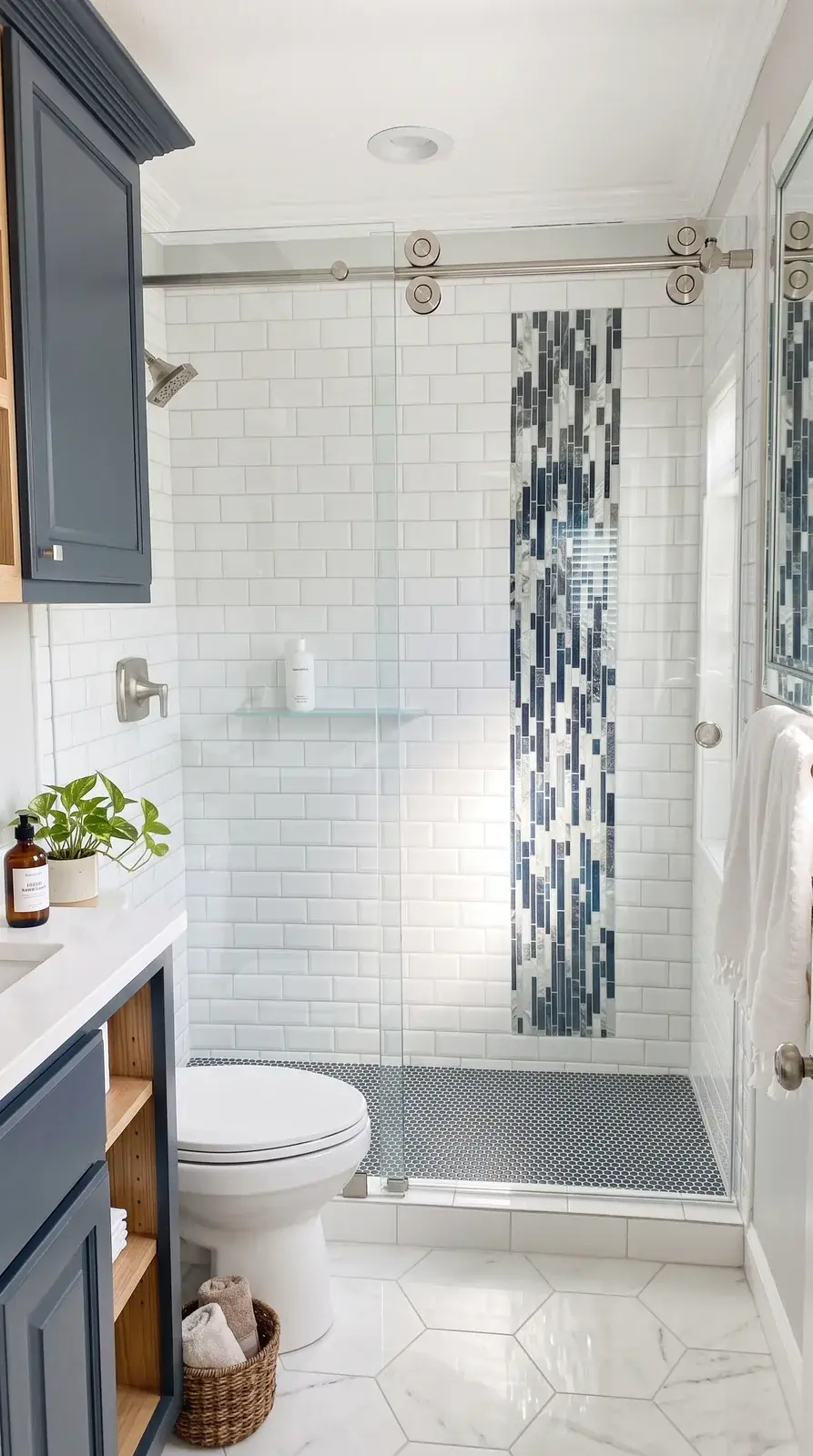 CRL Crescent sliding shower door over white subway tile