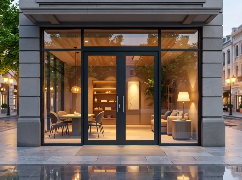 Dark bronze aluminum storefront with double entrance doors and display windows at dusk