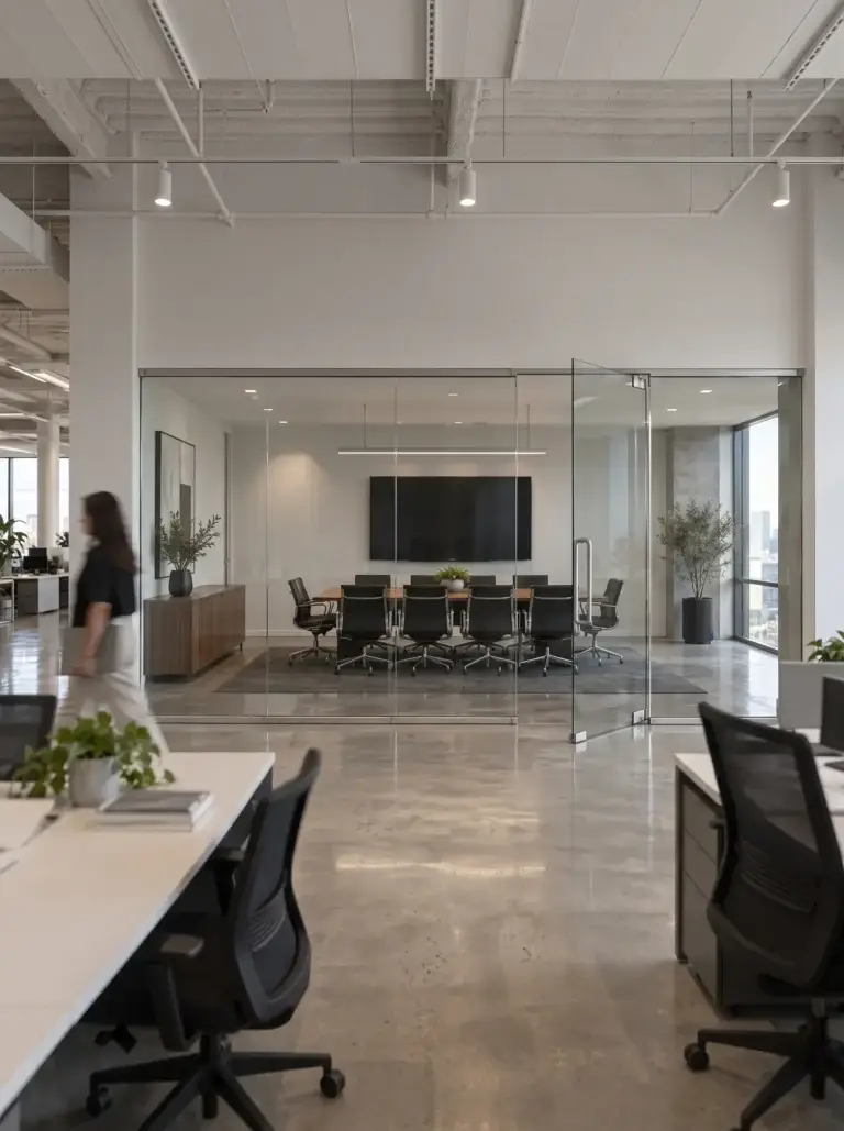 Frameless glass conference room walls with an open glass door off an open office