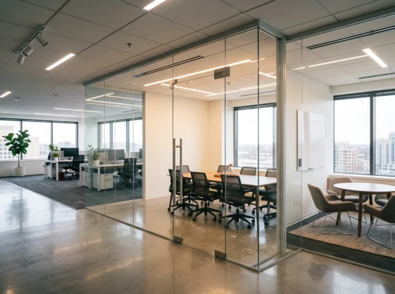 Frameless glass conference room walls with a glass swing door and ladder pull