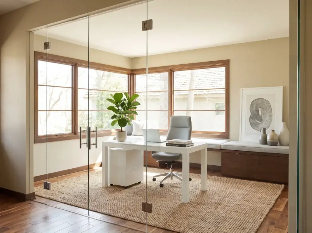 Frameless glass wall and double doors enclosing a home office with a white desk