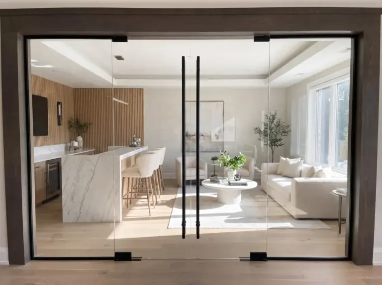 Frameless glass double doors with tall black pulls in a wood-trimmed opening to a living room