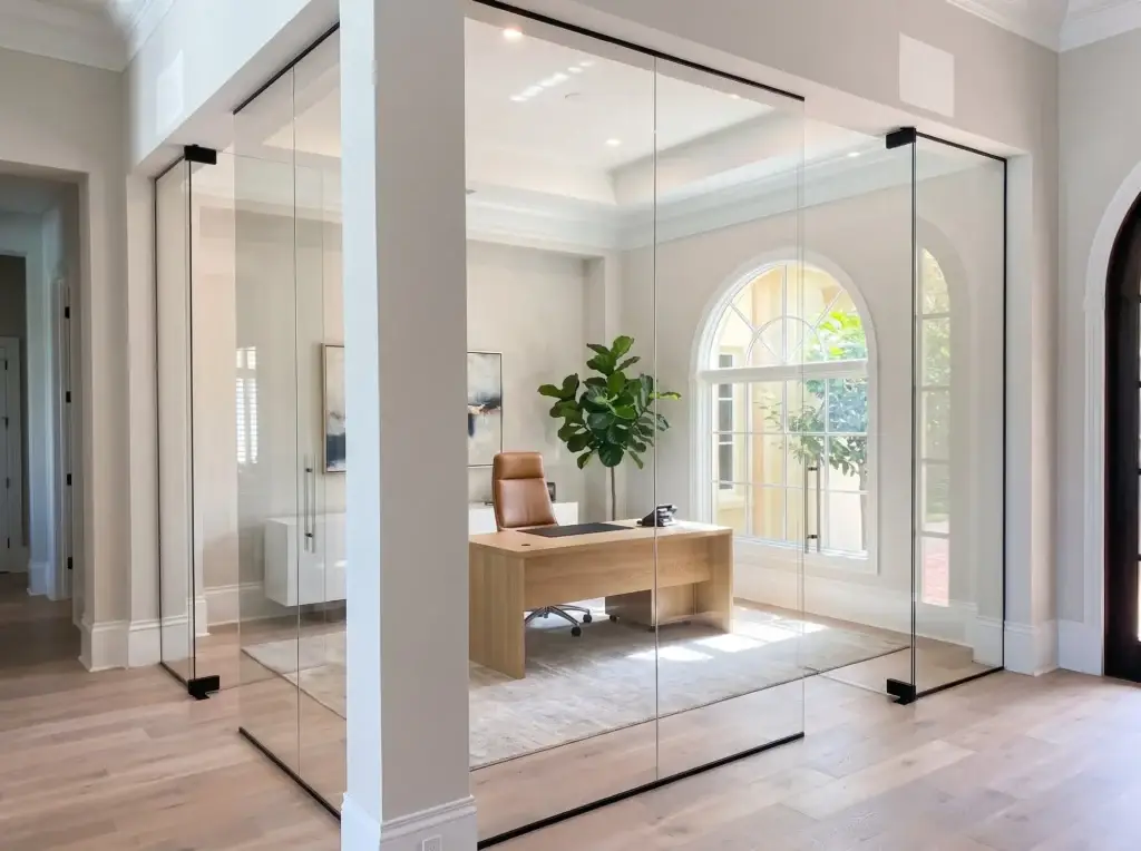 Frameless glass walls and door enclosing a home office with an arched window