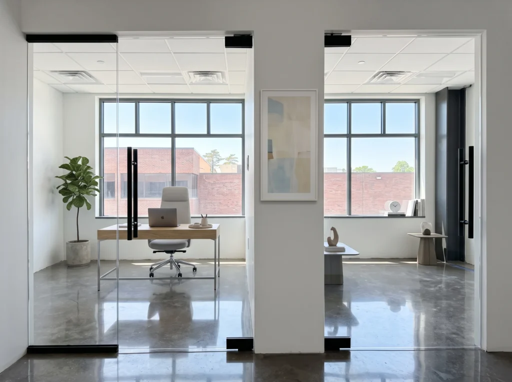 Two private offices with frameless glass fronts, black patch fittings and black ladder pulls