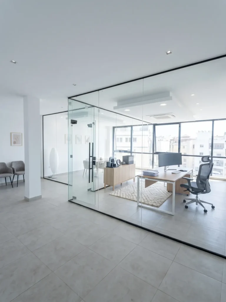 Frameless glass private office with a glass door, black ladder pull and black channel