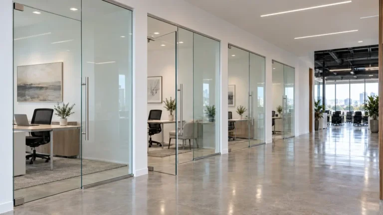 Row of private offices with frameless glass fronts and swing doors with stainless ladder pulls
