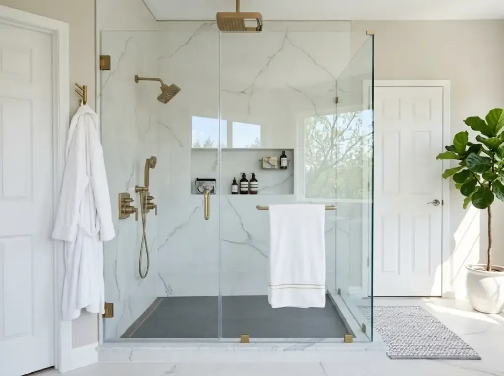 Frameless glass shower enclosure with brushed gold hardware and marble tile in a McLean, VA bathroom