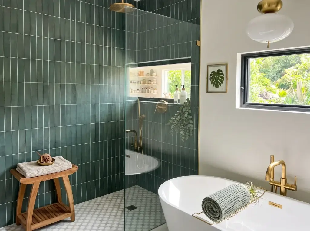 Fixed frameless glass shower screen beside a freestanding tub in a green-tiled McLean, VA bathroom