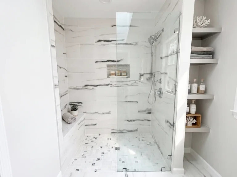 Frameless fixed glass shower screen on a walk-in marble shower with a tiled bench
