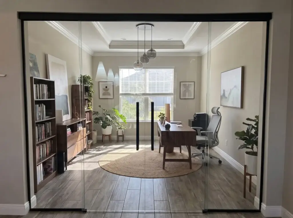 Frameless glass sliding doors on a black track opening into a home office