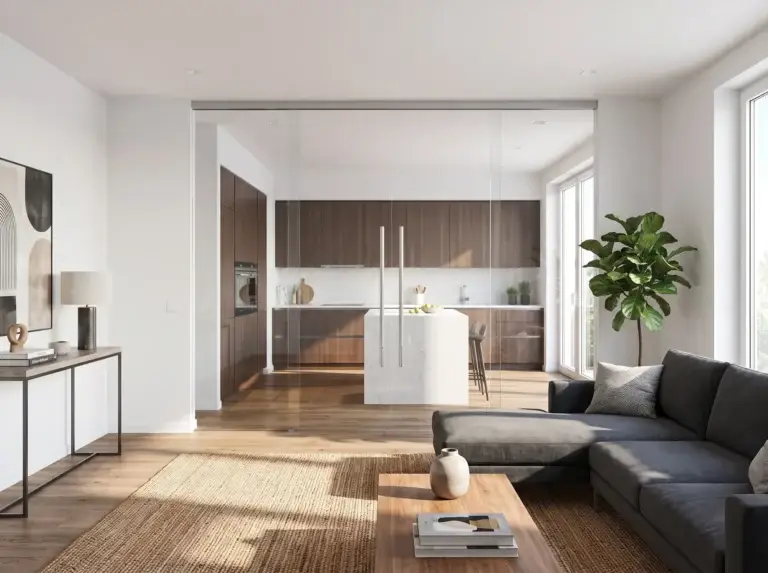 Frameless glass sliding doors separating a kitchen from a living room
