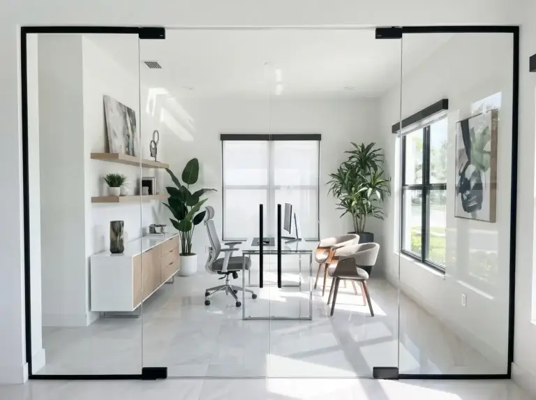 Glass home office with a black perimeter frame and frameless double doors