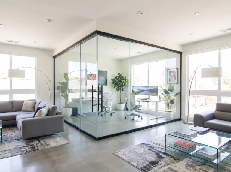 Corner glass enclosure with double doors creating a home office inside an open living room