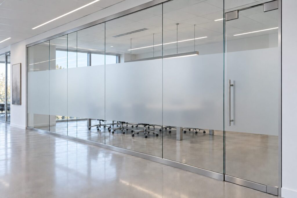 Frameless conference room glass wall with a horizontal frosted privacy band and glass door