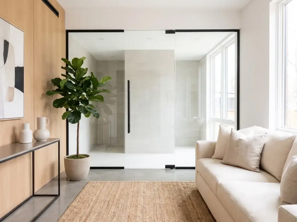 Glass wall with a black perimeter frame and a glass door beside a living room sofa