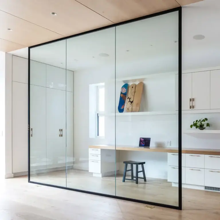 Glass wall with a thin black frame enclosing a home office nook