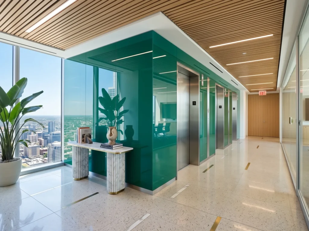 Green back-painted glass cladding around elevators in an office elevator lobby