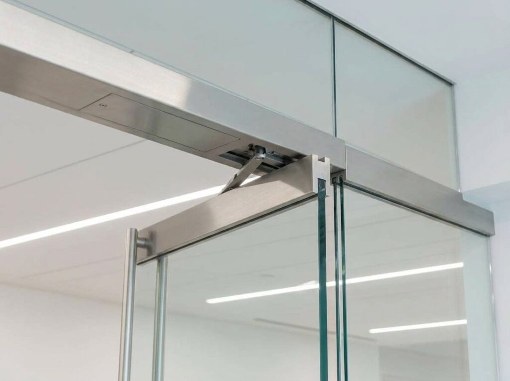 Close-up of a stainless header channel with concealed overhead closer and the top rail of a frameless glass door