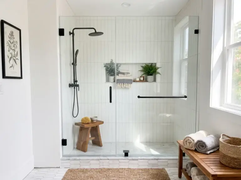 Frameless inline shower door and panel with matte black hinges, handle and towel bar