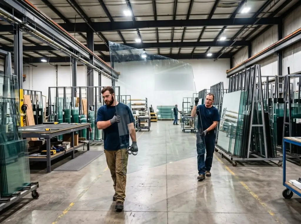 Modern Glass Designs team carrying a large glass panel through the Sterling, Virginia shop