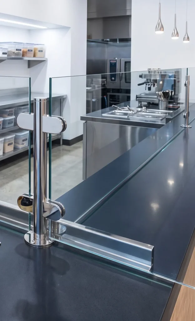 Glass food shield held by a polished stainless post on a dark service counter