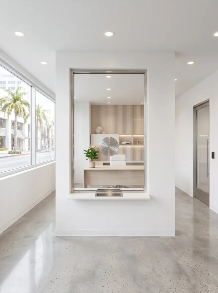 Glass reception window with a pass tray and a stainless speak-through