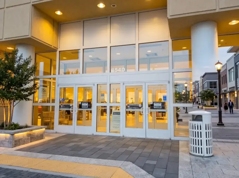 Retail storefront entrance with multiple pairs of aluminum framed glass doors