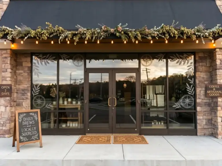 Small business aluminum storefront with bronze framing, entrance doors and display windows